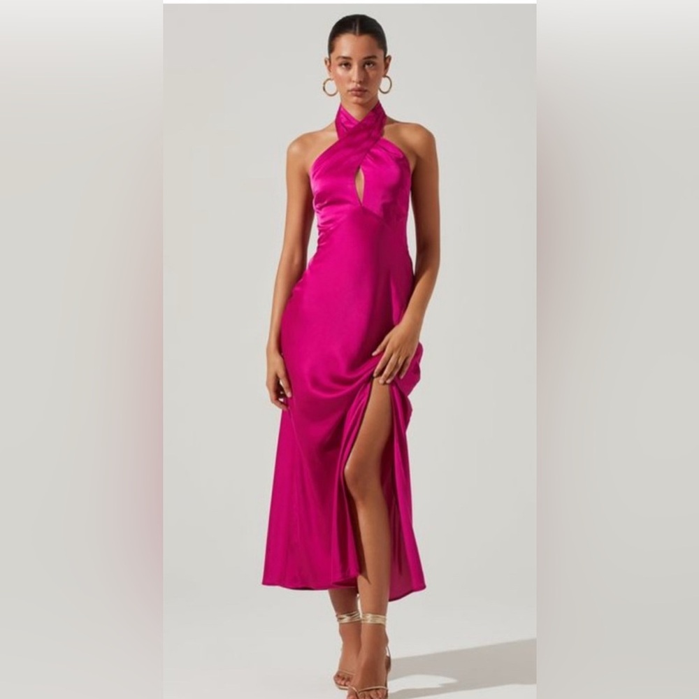 Astr the Label Marissa Satin Halter Fuchsia Midi Dress